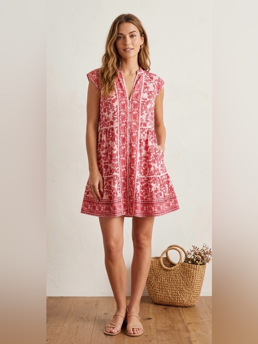 Bindu Clothing Redish/Prink Floral Block Print Tiered Mini Dress S